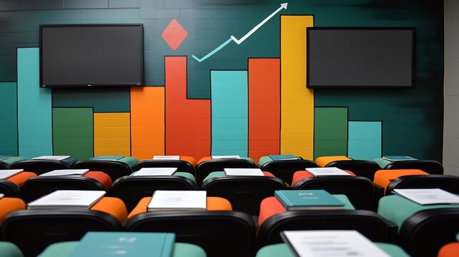 Training auditorium mural demonstrates business education leadership Modern abstract symbol of book upward graph mentorship painted wall behind presentation screen inspiring continuous learning growth