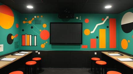 Training auditorium mural demonstrates business education leadership Modern abstract symbol of book upward graph mentorship painted wall behind presentation screen inspiring continuous learning growth
