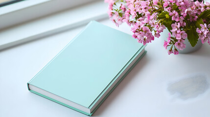 Fototapeta premium Mint Green Book With Pink Flowers On White Table