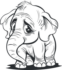 Cute cartoon elephant illustration with big eyes and a playful expression in black and white.