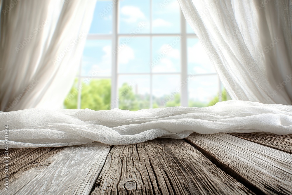 Poster window view through sheer curtains. wooden table