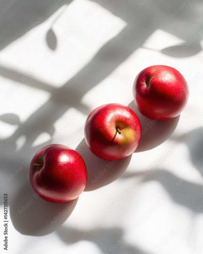 Poster three vibrant red apples casting soft shadows, surrounded by delicate light patterns.