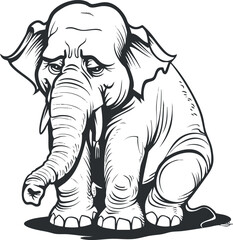 A cute black and white illustration of a standing elephant with a playful expression.