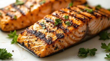 Perfectly grilled salmon fillets with vibrant orange flesh and charred grill marks, garnished with fresh parsley. A delicious and healthy meal