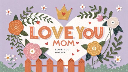 Obraz premium Floral mother's day card with love you mom message and crown on a light purple background design