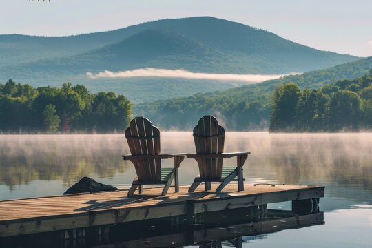 Rustic Adirondack chairs on a dock face a misty lake, mountains rise serenely in the backdrop under a clear morning sky.