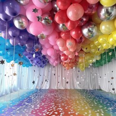 A dreamy room bursts with rainbow balloons overhead and star confetti below creating a joyful, fairytale ambiance.