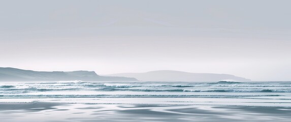 Fototapeta premium Flat design gray beach with soft gentle waves and distant hills, minimal details create a serene coastal scene.