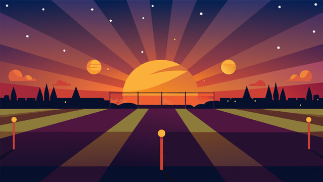 As the sun set in the horizon the ling lights of the ground created a mesmerizing backdrop for the gripping game of cricket.. Vector illustration