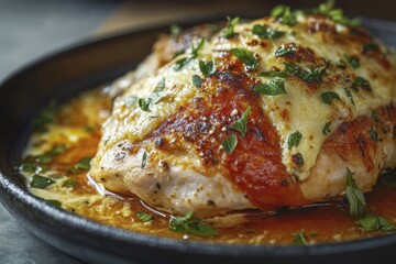 Delicious grilled chicken breast topped with melted cheese and fresh herbs, served on a sizzling plate.