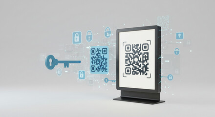 Displaying qr codes with security icons and a key floating in a digital space on a light background