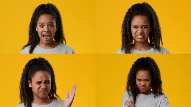 A teenage girl showcases multiple emotions including surprise and disgust, with various facial expressions. The bright yellow background emphasizes her feelings, creating a dynamic visual collection.