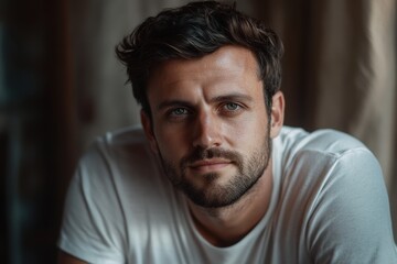 Obraz premium A thoughtful Caucasian male with deep blue eyes gazes intently, wearing a plain white t-shirt, in soft lighting.