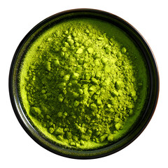 Matcha green powder in bowl, tea isolated on black background, top view --v 7.0