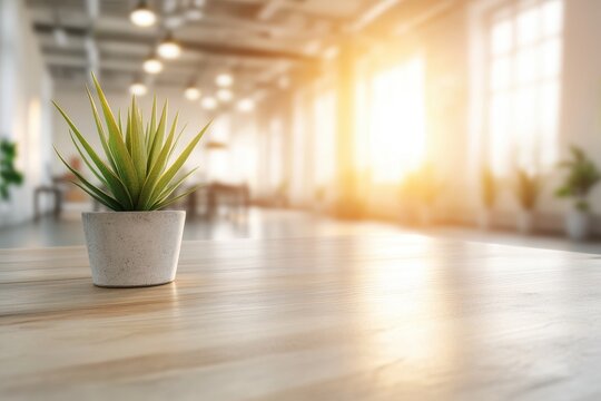 Modern workspace, empty wooden table, sunlit interior.  A small potted plant sits on a light wooden table in a spacious, bright office.  Sunlight streams through windows