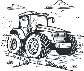A cartoon sketch of a tractor on a field highlighting agricultural machinery and rural farming.