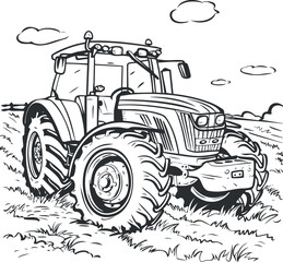 A detailed line drawing of a tractor in a rural landscape, showcasing agricultural machinery.