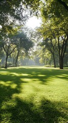 Serene morning sunlight filtering through lush green trees in a park, casting dappled shadows on the vibrant grass.