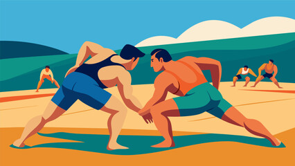 Despite the challenging terrain the wrestlers remain focused their determination evident in every move during the beach wrestling tournament.. Vector illustration