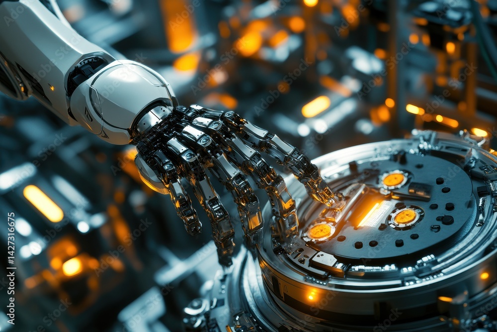 Poster a close-up view of a robotic hand interacting with a futuristic interface in a high-tech environment