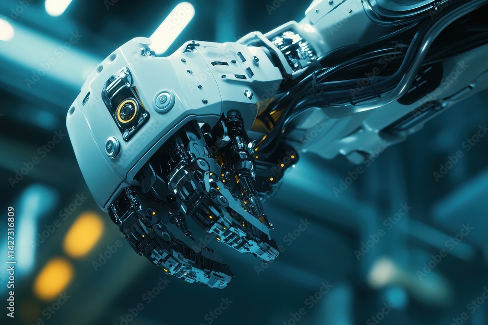 Aufkleber close-up of a futuristic robotic hand showcasing advanced technology and intricate design elements.
