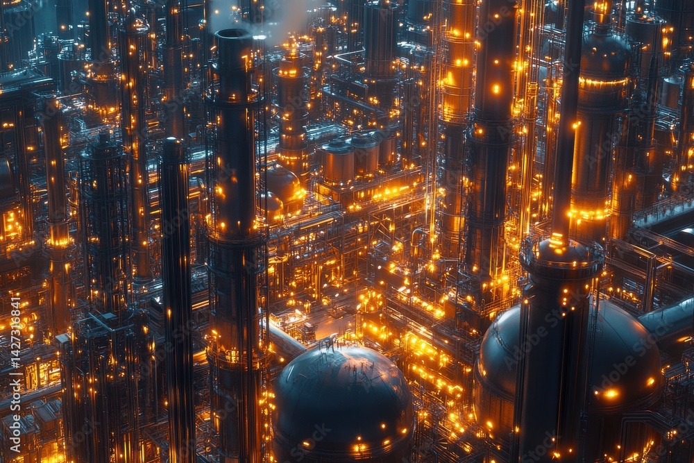 Poster an intricate industrial scene with glowing pipes and structures in a futuristic factory setting.