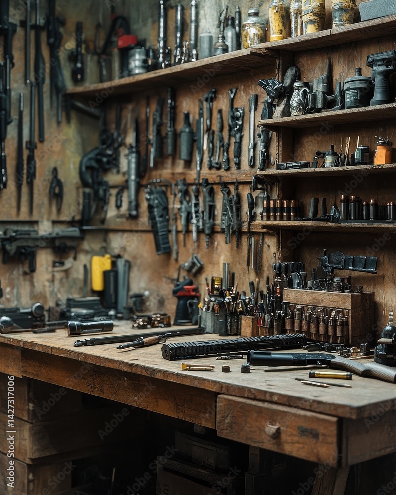Poster a cluttered workshop featuring various tools and firearms, creating a rugged and industrious atmosph