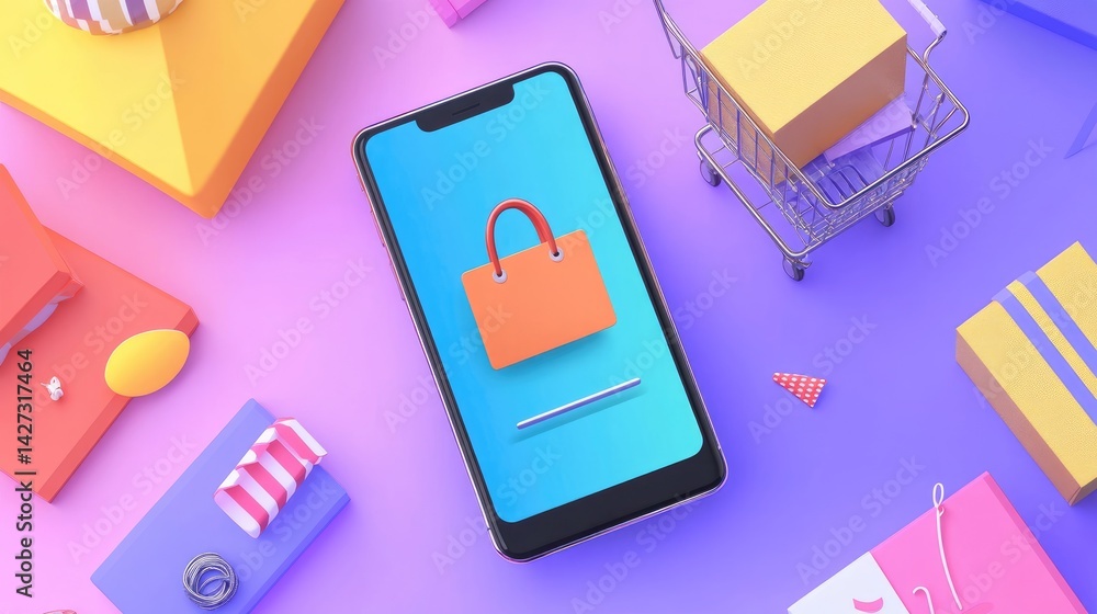 Poster cart icon on a smartphone screen filled with various product thumbnails