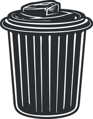 A black and white illustration of a trash bin designed for waste disposal.