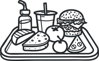 A tray filled with a burger fries drink and various snacks including pizza and fruit.