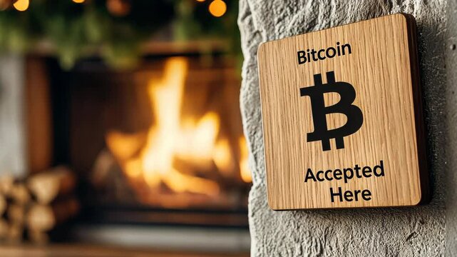 Bitcoin Accepted Here Concept, Cozy Fireplace with Wooden Bitcoin Sign Inviting Digital Currency Transactions