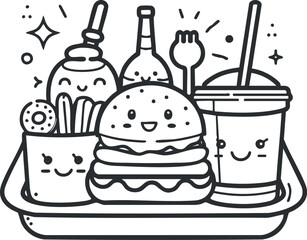 A fun and playful illustration of a fast food meal featuring a burger, fries, and drinks.