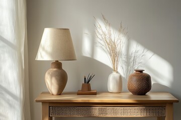 Stylish home workspace with decorative vases, writing utensils, and soft lighting near a window during daylight