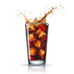 Cold glass of cola with ice cubes splashing
