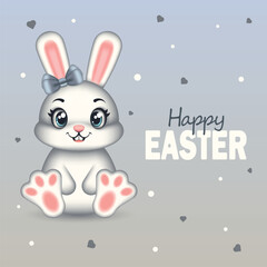 Obraz premium Sweet Easter card with a white sitting rabbit with a bow on the head. Symbol of Easter. Vector children's illustration.