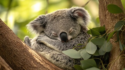Obraz premium Peaceful koala slumbering nestled in eucalyptus tree in a sunny Australian forest