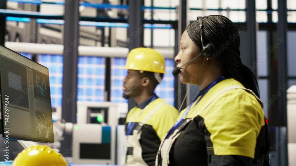 Poster call center agent in smart factory using headset to assist remotely with maintenance queries, monito