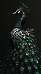 A stunning male peacock displays its vibrant plumage, showcasing iridescent green and blue feathers against a dark background.