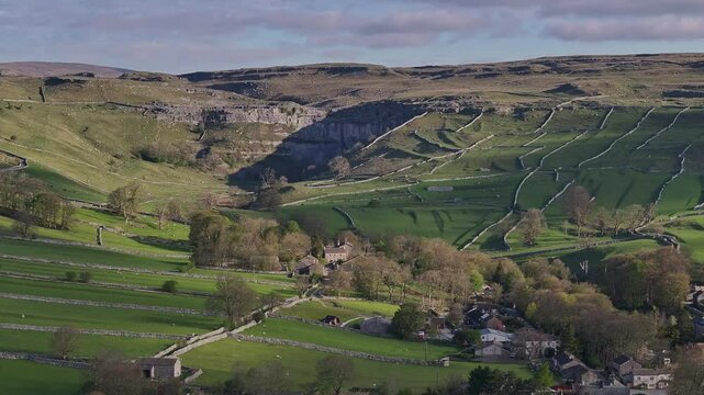 Aerial View of Malham Cove and Village in the Yorkshire Dales National Park