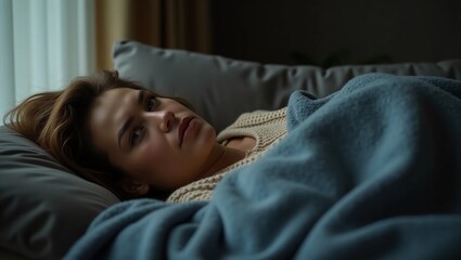Woman lying on couch covered by blanket, feeling emotionally drained. Depression, loneliness, autumn blues and apathy. Female with heavy mental burden, relationship break up and emotional struggle