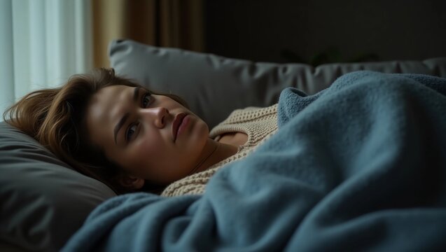 Woman lying on couch covered by blanket, feeling emotionally drained. Depression, loneliness, autumn blues and apathy. Female with heavy mental burden, relationship break up and emotional struggle