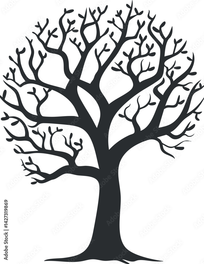 Poster a silhouette of a leafless tree with intricate branches and a sturdy trunk.