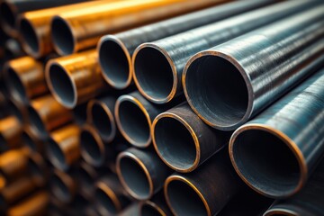 Close-up of industrial steel pipes showcasing rich textures and colors in a well-lit setting.