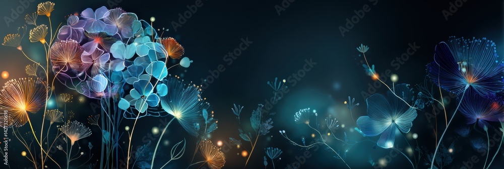 Poster blooming flowers and glowing points symbolize mental health and well-being in a vibrant and colorful