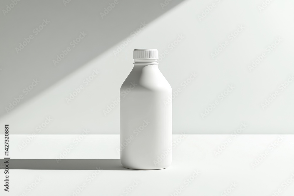 Poster minimalist white bottle isolated on a light surface, casting subtle shadows, creating a serene atmos