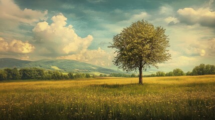 Fototapeta premium Serene meadow landscape with solitary tree and dramatic cloudy sky backdrop