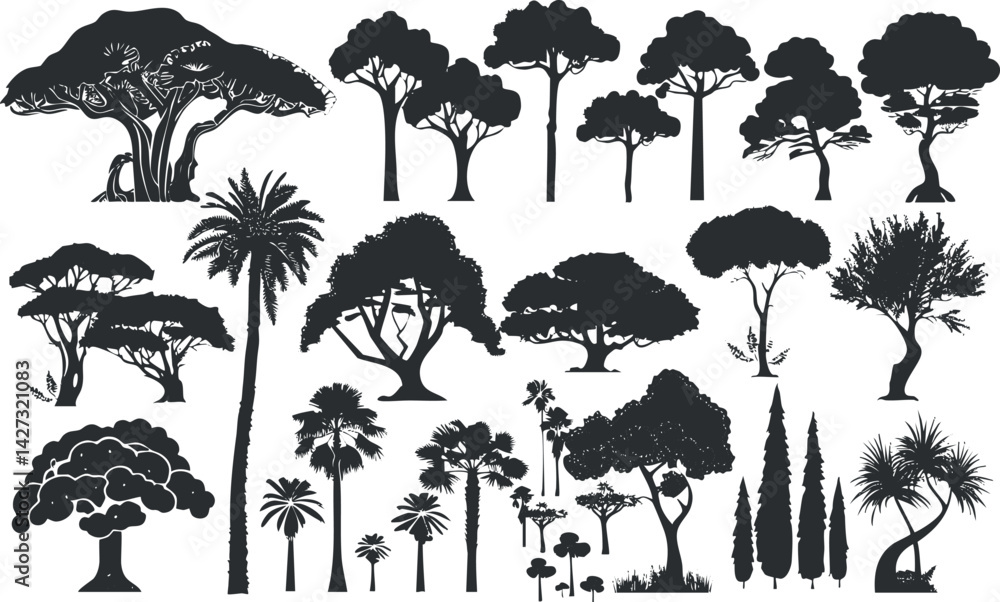Poster a collection of diverse tree silhouettes showcasing various types and shapes for design use.