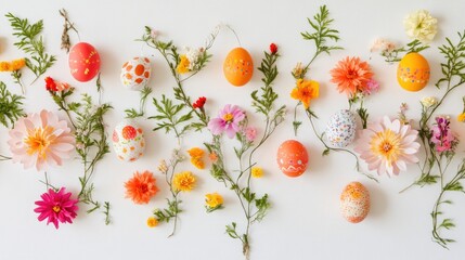 DIY Easter garland made of paper eggs and flowers strung across a white wall