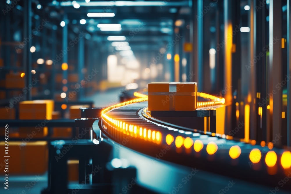 Poster a close-up view of a conveyor belt with packages moving in an automated warehouse setting.