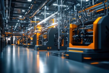 Fototapeta premium Futuristic manufacturing facility with advanced machinery and vibrant orange accents, showcasing innovation.